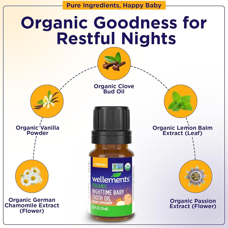 Wellements Organic Nighttime Baby Tooth Oil for 4 Months+ (0.5 Fl Oz) - Baby Teething Relief Oil* for Soothing & Massage for Tiny Gums* - Organic Blend of Essential Oils & Sleepy Time Herbs* - Image 4